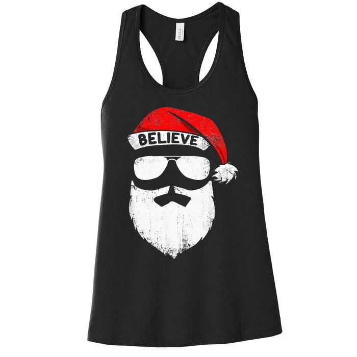 Believe Quote On Santa Hat Mustache Family Reunion Christmas Women's Racerback Tank