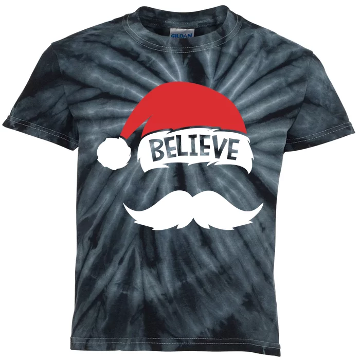 Believe Quote On Santa Hat Mustache Family Reunion Christmas Kids Tie-Dye T-Shirt