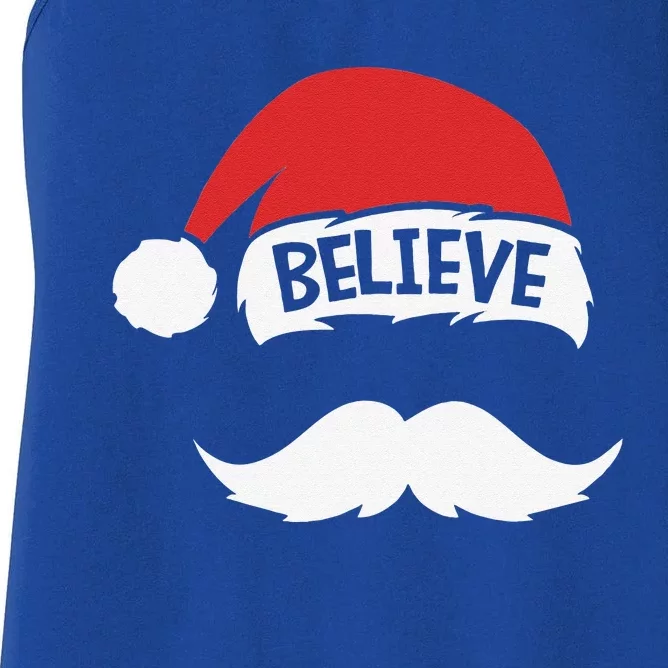 Believe Quote On Santa Hat Mustache Family Reunion Christmas Women's Racerback Tank