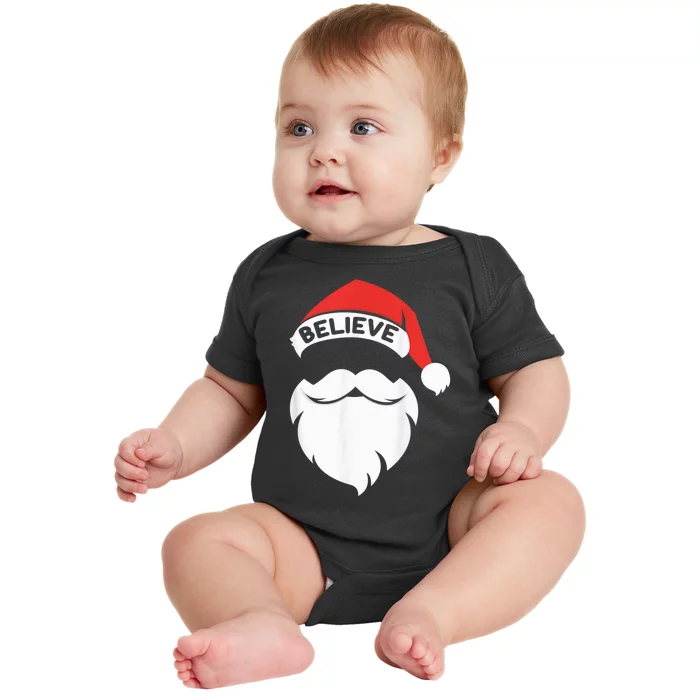 Believe Quote On Santa Hat Mustache Family Reunion Christmas Baby Bodysuit