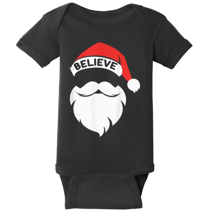 Believe Quote On Santa Hat Mustache Family Reunion Christmas Baby Bodysuit