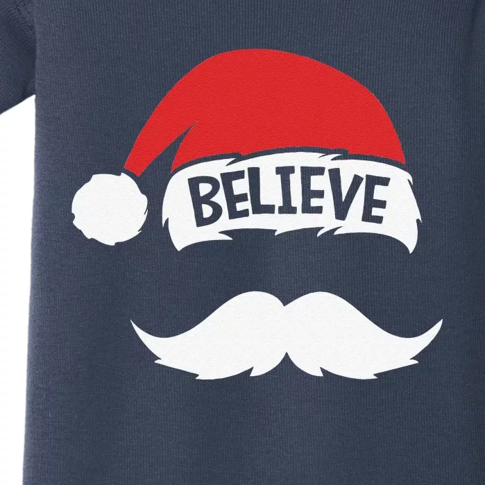 Believe Quote On Santa Hat Mustache Family Reunion Christmas Baby Bodysuit