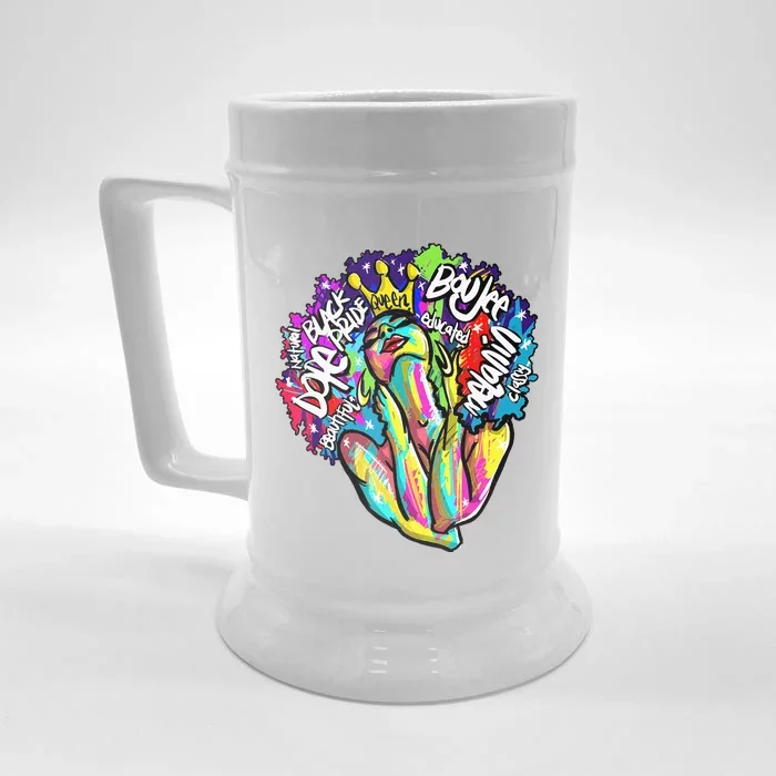 Black Queen Retro Afro Words Melanin Unapologetically Dope Front & Back Beer Stein