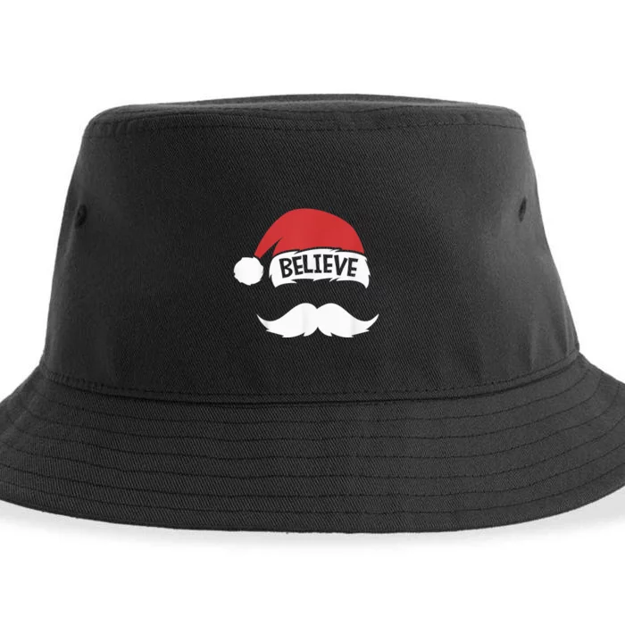 Believe Quote Santa Hat Mustache Family Reunion Christmas Sustainable Bucket Hat