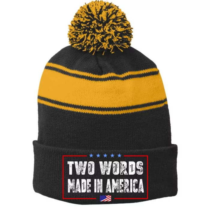 BIDEN QUOTE Two Words, Made In America Stripe Pom Pom Beanie