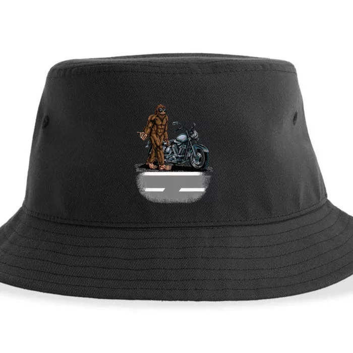 Bigfoot Riding A Motorcycle Bike Trying To Hitch A Ride Home Sustainable Bucket Hat