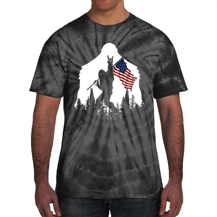 Bigfoot Rock And Roll Silhouette American Flag Tie-Dye T-Shirt