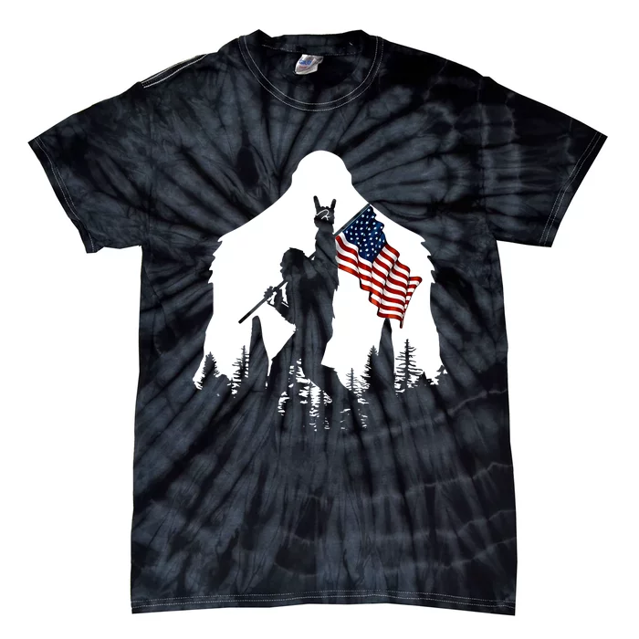 Bigfoot Rock And Roll Silhouette American Flag Tie-Dye T-Shirt