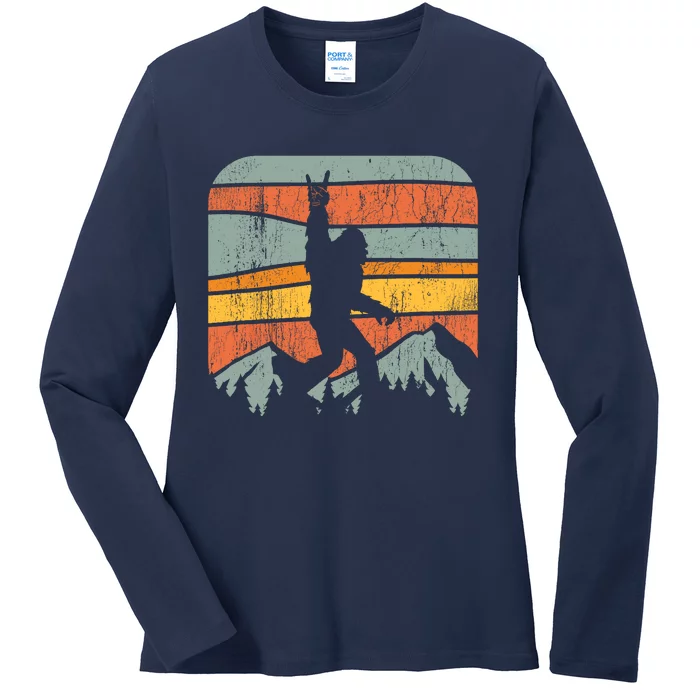 Bigfoot Rock and Roll Retro Mountain Sunset Sasquatch Gift Ladies Long Sleeve Shirt