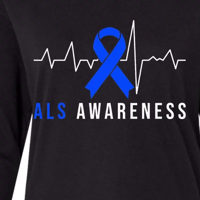 Blue Ribbon ALS Awareness Heartbeat Womens Cotton Relaxed Long Sleeve T-Shirt