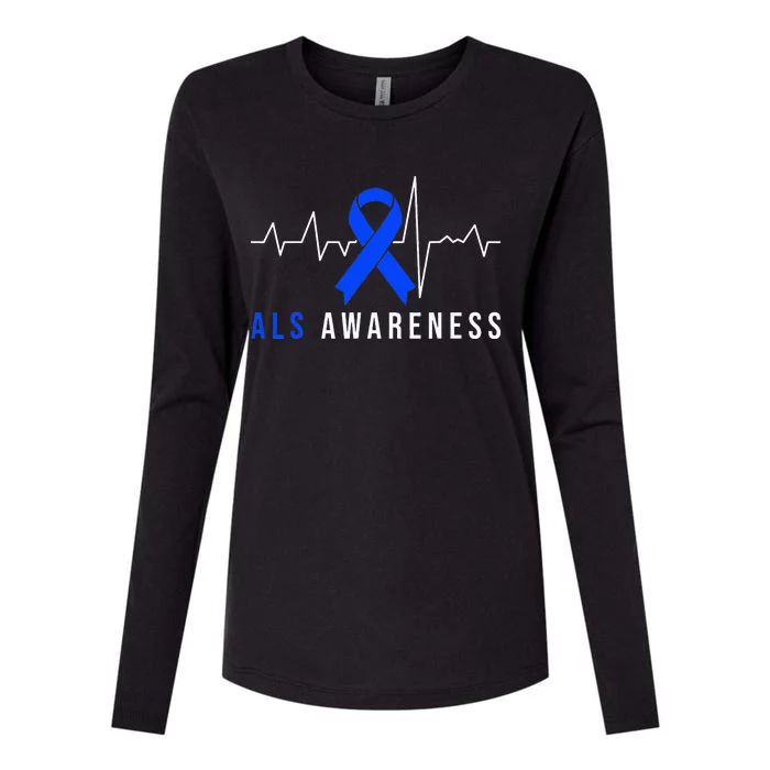 Blue Ribbon ALS Awareness Heartbeat Womens Cotton Relaxed Long Sleeve T-Shirt