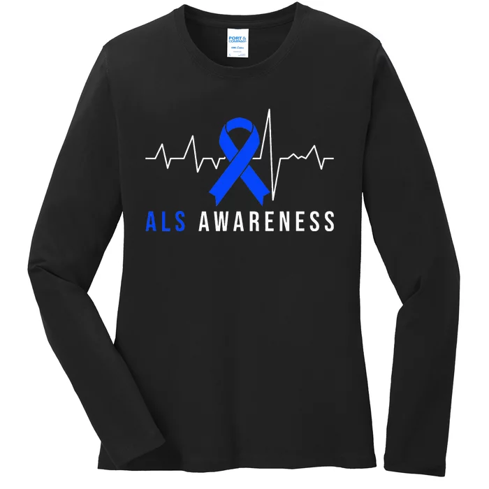 Blue Ribbon ALS Awareness Heartbeat Ladies Long Sleeve Shirt