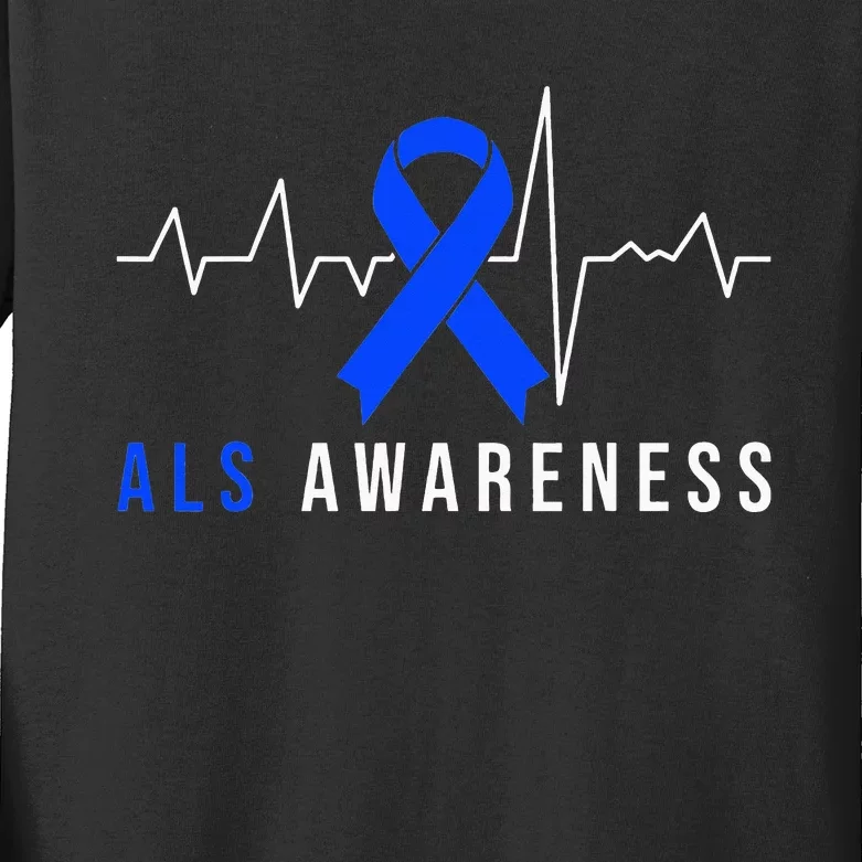 Blue Ribbon ALS Awareness Heartbeat Kids Long Sleeve Shirt