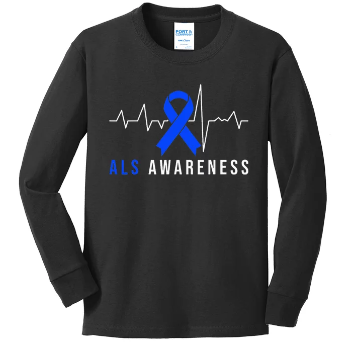 Blue Ribbon ALS Awareness Heartbeat Kids Long Sleeve Shirt