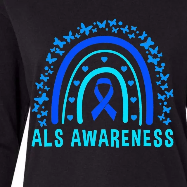 Blue Ribbon ALS Awareness Rainbow Womens Cotton Relaxed Long Sleeve T-Shirt