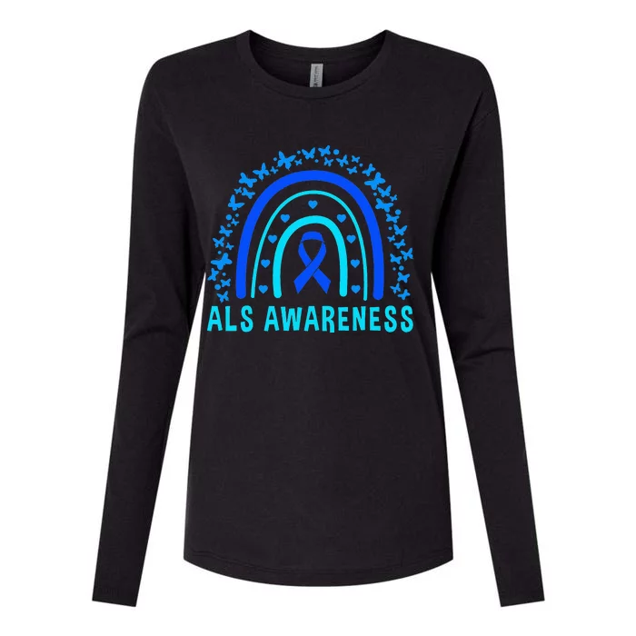 Blue Ribbon ALS Awareness Rainbow Womens Cotton Relaxed Long Sleeve T-Shirt