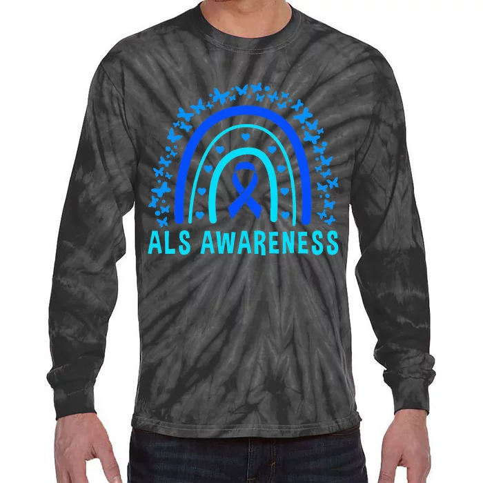 Blue Ribbon ALS Awareness Rainbow Tie-Dye Long Sleeve Shirt