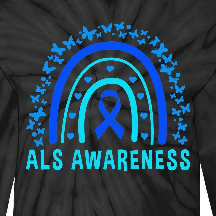 Blue Ribbon ALS Awareness Rainbow Tie-Dye Long Sleeve Shirt