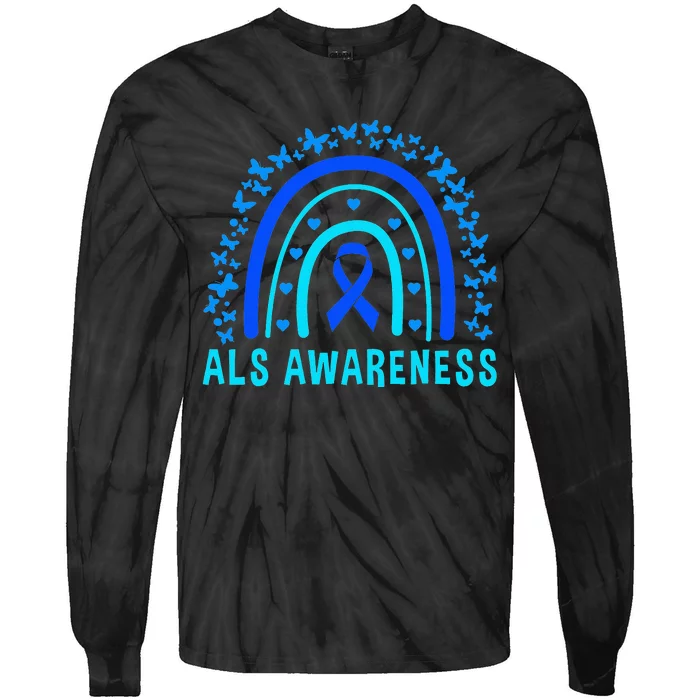 Blue Ribbon ALS Awareness Rainbow Tie-Dye Long Sleeve Shirt