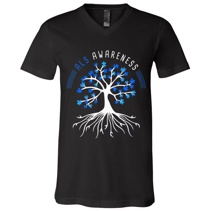 Blue Ribbon ALS Awareness Tree V-Neck T-Shirt