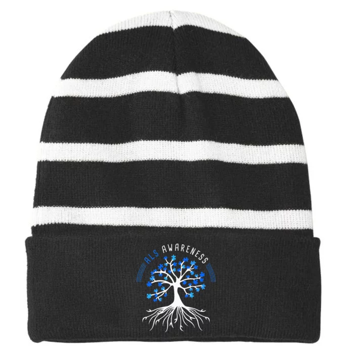 Blue Ribbon ALS Awareness Tree Striped Beanie with Solid Band