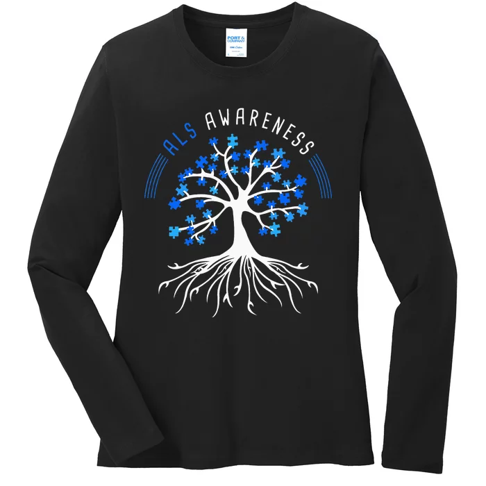 Blue Ribbon ALS Awareness Tree Ladies Long Sleeve Shirt