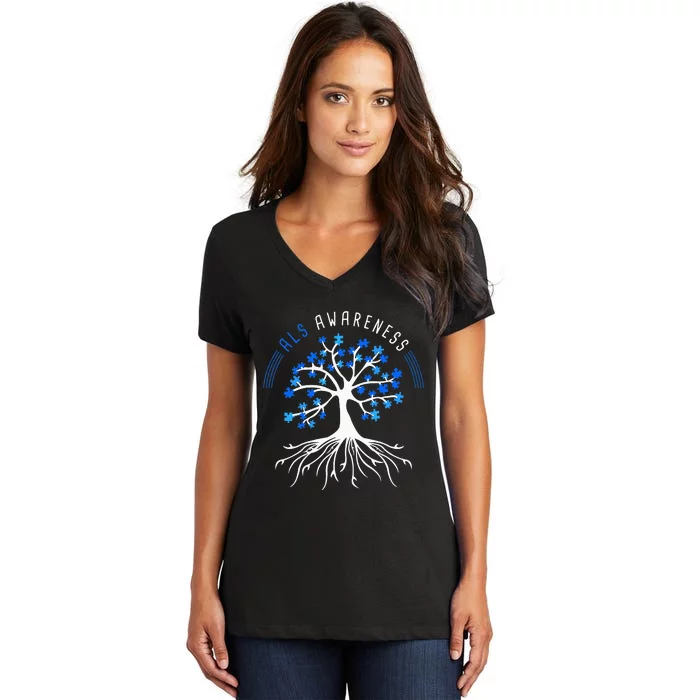 Blue Ribbon ALS Awareness Tree Women's V-Neck T-Shirt