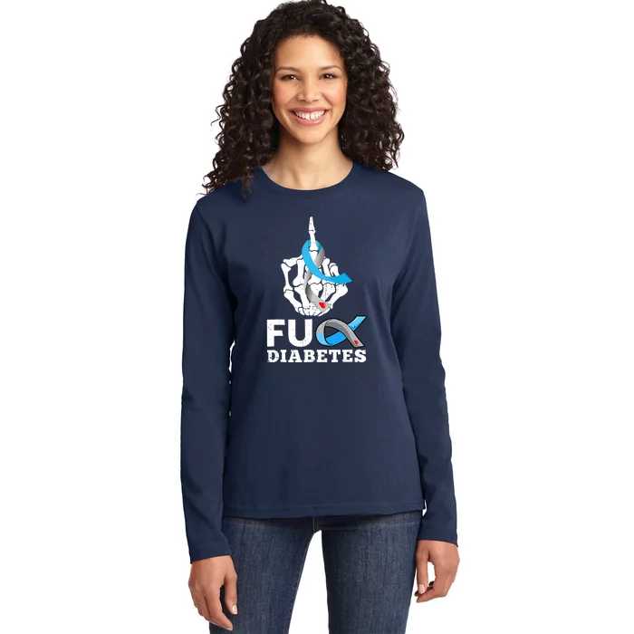 Blue Ribbon Awareness Skeleton Hand Fuck Diabetes Month Ladies Long Sleeve Shirt