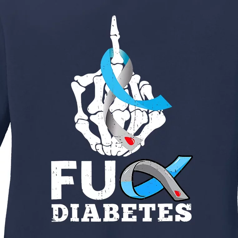 Blue Ribbon Awareness Skeleton Hand Fuck Diabetes Month Ladies Long Sleeve Shirt