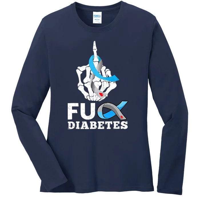 Blue Ribbon Awareness Skeleton Hand Fuck Diabetes Month Ladies Long Sleeve Shirt