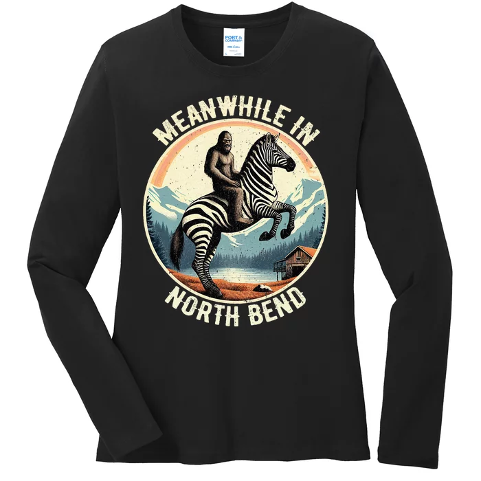 Bigfoot Riding A Zebra Meanwhile In North Bend Ladies Long Sleeve Shirt