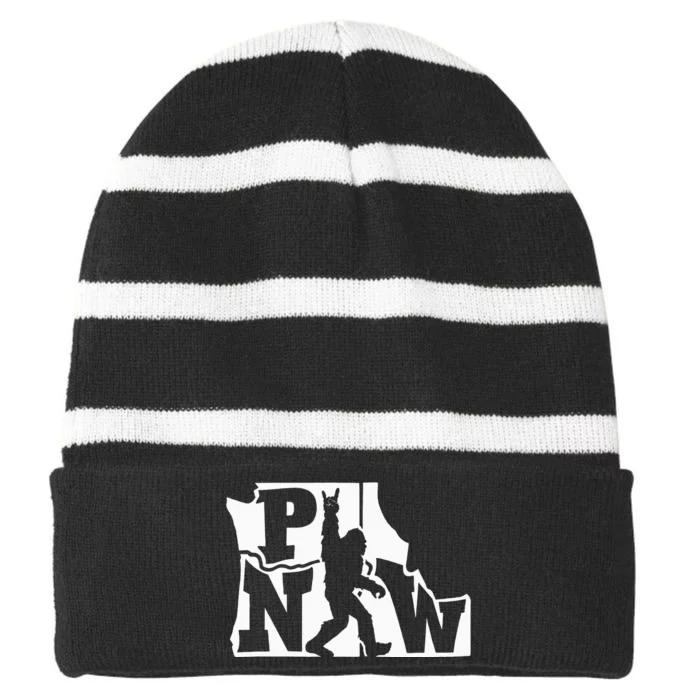 Bigfoot Rock And Roll Silhouette Pacific Northwest Sasquatch Striped Beanie with Solid Band