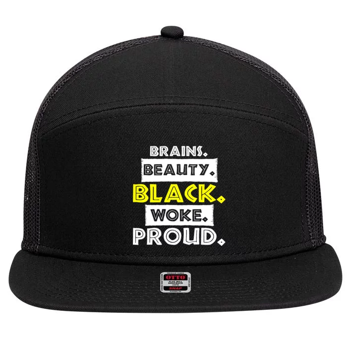 Brains Beauty Black Woke Proud 7 Panel Mesh Trucker Snapback Hat