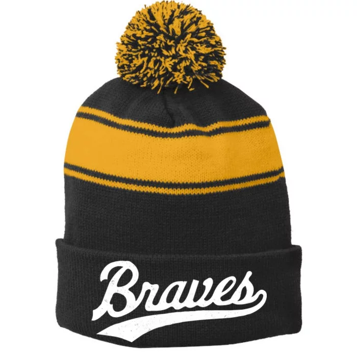 Braves Vintage Distressed Stripe Pom Pom Beanie