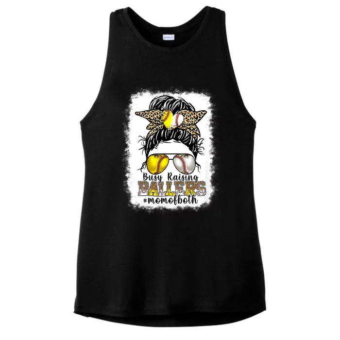 Busy Raising Ballers Baseball Softball Messy Bun Mom Of Both Ladies Tri-Blend Wicking Tank