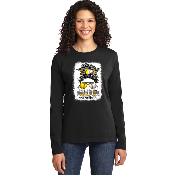 Busy Raising Ballers Baseball Softball Messy Bun Mom Of Both Ladies Long Sleeve Shirt