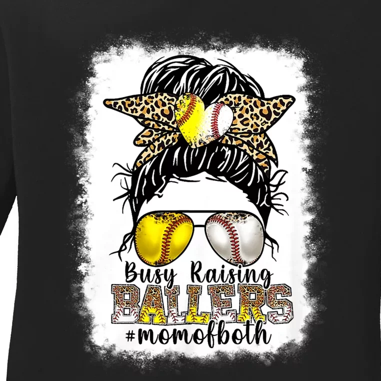 Busy Raising Ballers Baseball Softball Messy Bun Mom Of Both Ladies Long Sleeve Shirt