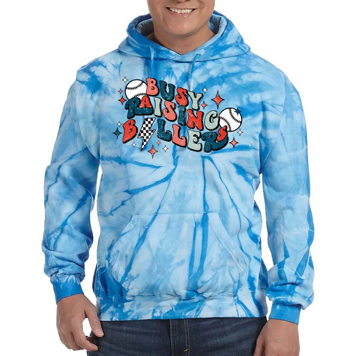 Busy Raising Ballers Funny Baseball Lover Mothers Day Tie Dye Hoodie