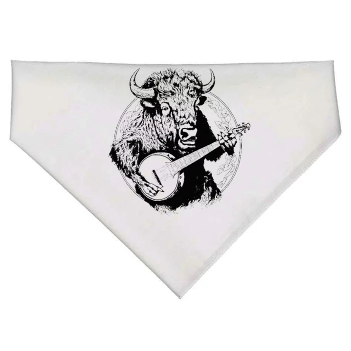 Buffalo Retro Bison Animal Playing Banjo Music Graphic USA-Made Doggie Bandana