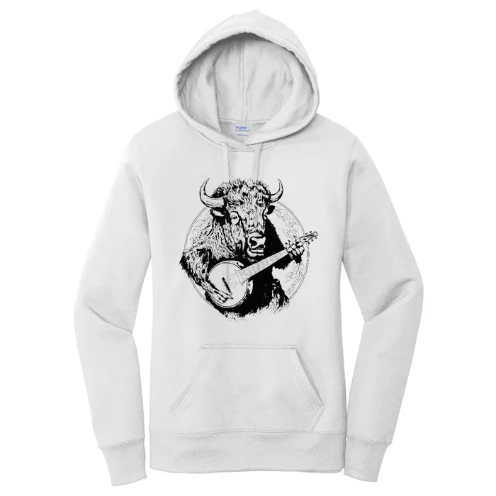 Buffalo Retro Bison Animal Playing Banjo Music Graphic Women's Pullover Hoodie