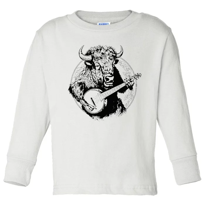 Buffalo Retro Bison Animal Playing Banjo Music Graphic Toddler Long Sleeve Shirt