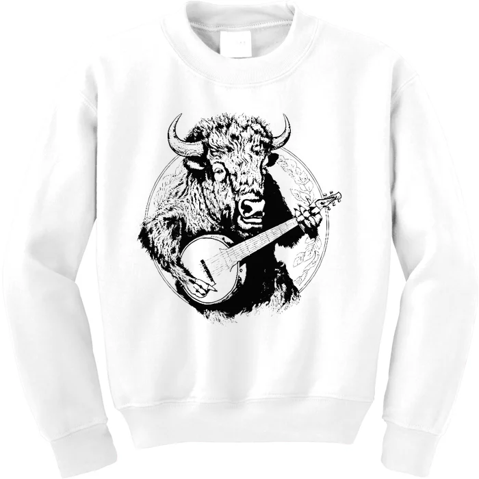 Buffalo Retro Bison Animal Playing Banjo Music Graphic Kids Sweatshirt