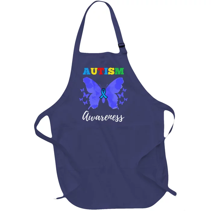 Blue Ribbon Butterfly Autism Awareness Full-Length Apron With Pocket