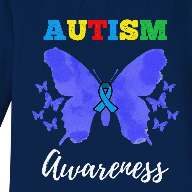 Blue Ribbon Butterfly Autism Awareness Baby Long Sleeve Bodysuit