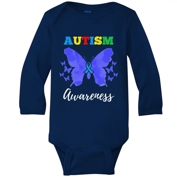 Blue Ribbon Butterfly Autism Awareness Baby Long Sleeve Bodysuit