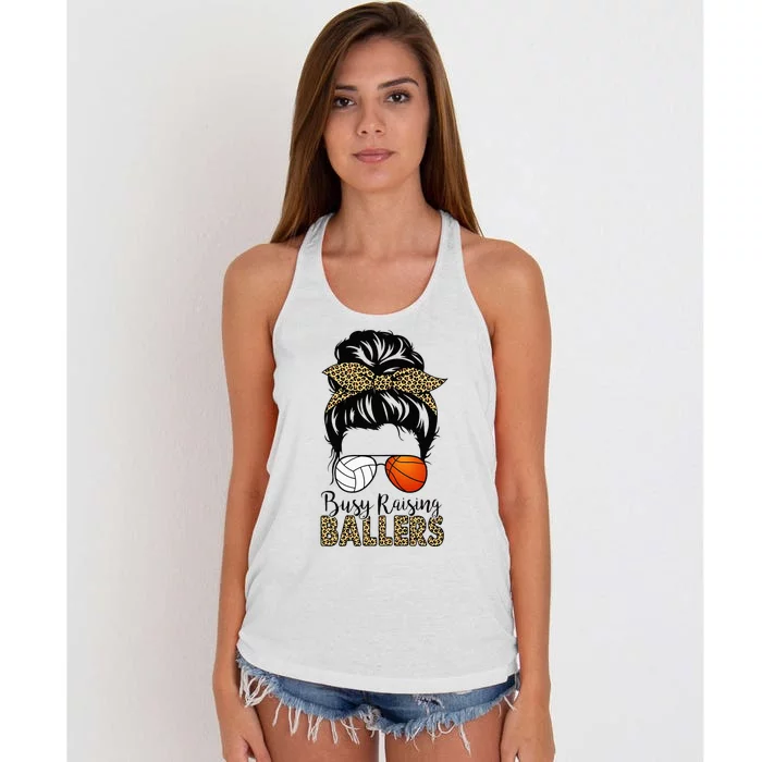 Busy Raising Ballers Basketball And Volleyball Mom Messy Bun Women's Knotted Racerback Tank