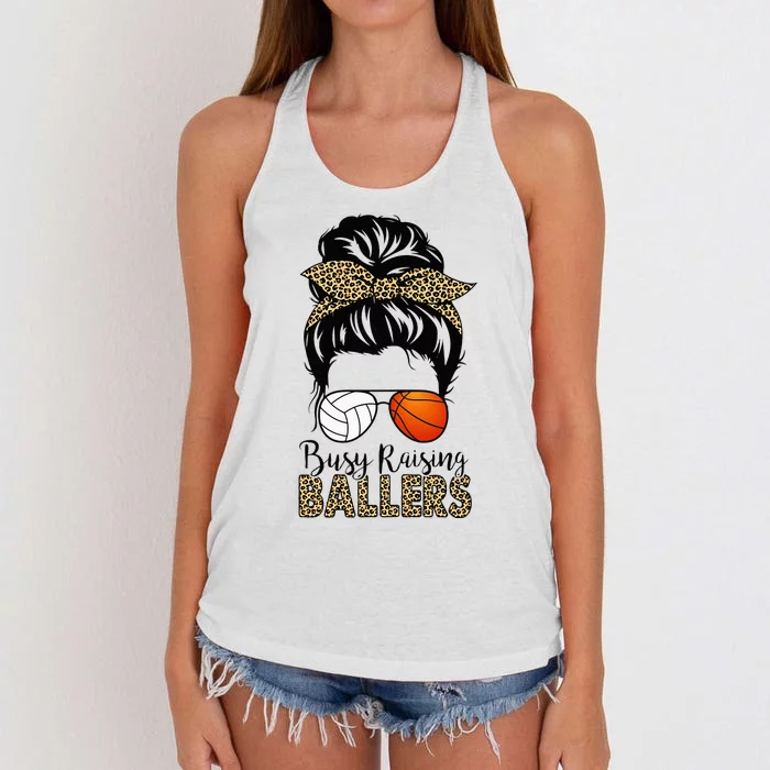 Busy Raising Ballers Basketball And Volleyball Mom Messy Bun Women's Knotted Racerback Tank