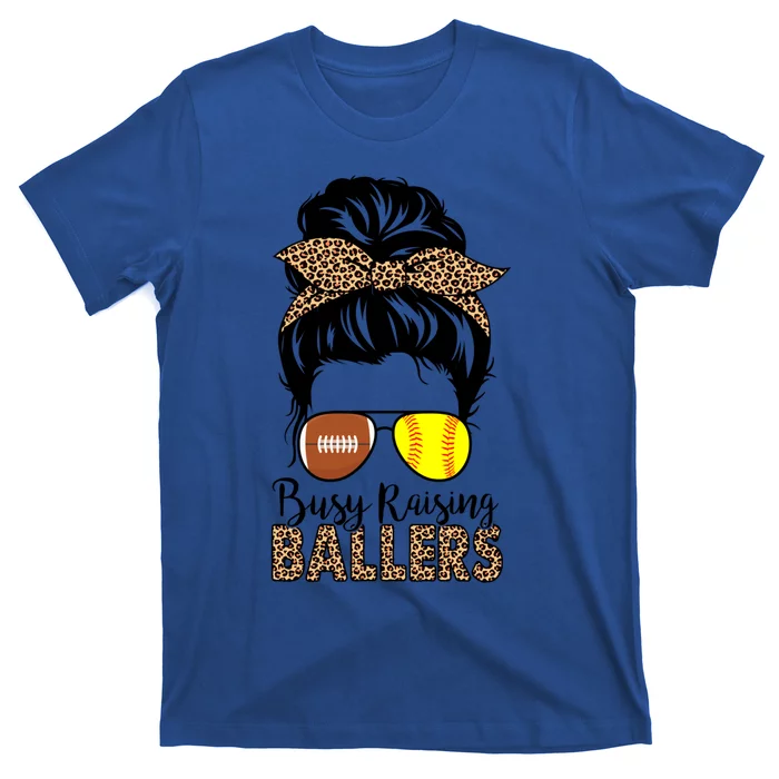 Busy Raising Ballers Softball And Football Mom Messy Bun Funny Gift T-Shirt