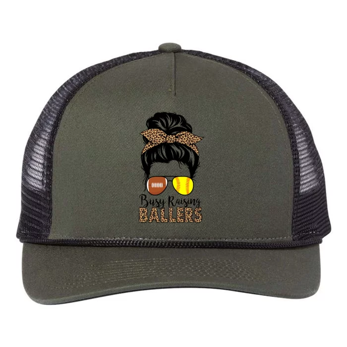 Busy Raising Ballers Softball And Football Mom Messy Bun Funny Gift Retro Rope Trucker Hat Cap