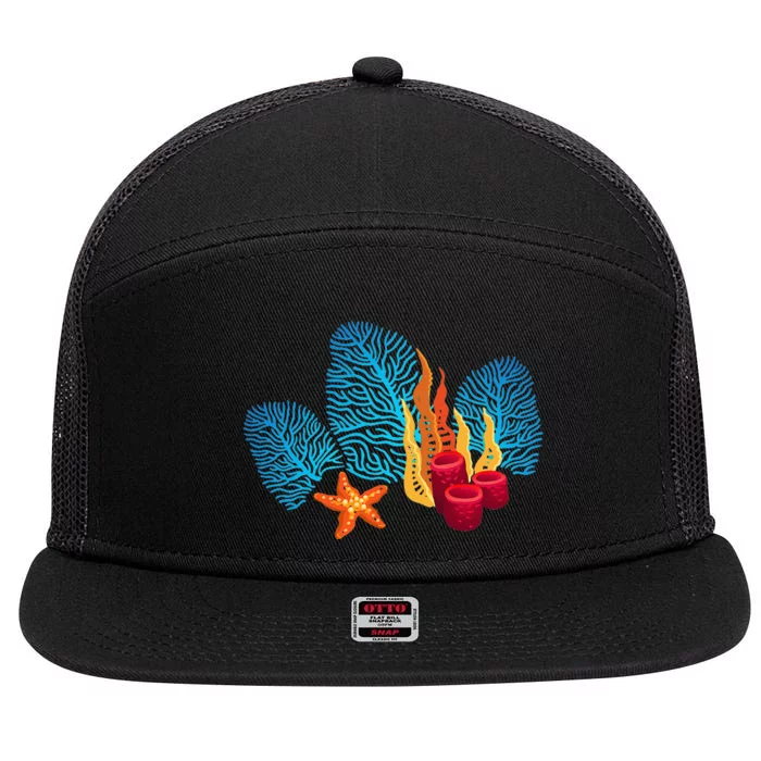 Bright Red Blue Coral Seaweed Marine Life Sea Life Starfish 7 Panel Mesh Trucker Snapback Hat